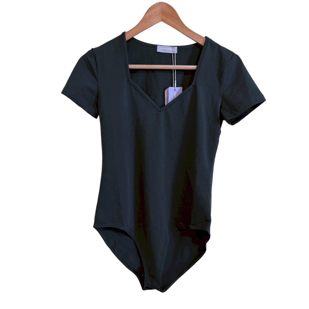 MANGOPOP Green‎ Short Sleeve Bodysuit Square Neck Casual Basic Top Womens Small